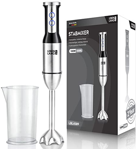 LEBENLANG 1000W Stabmixer Edelstahl - Mit Spritzschutz und 8 Stufen plus Turbo | Hochwertiger Pürierstab Edelstahl und Mixstab | Küche Zauberstab | Hand blender Rührstab Stick - Mixer 1000 watt