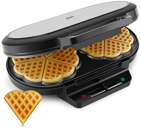 YASHE Waffeleisen Herzform Doppelt, 10 Klassische Herzförmige Waffeln mit Antihaftbeschichtung, 5 Einstellbare Temperaturstufen, Kontrollleuchten, Überlaufschutz, 1200W, Silber/Schwarz