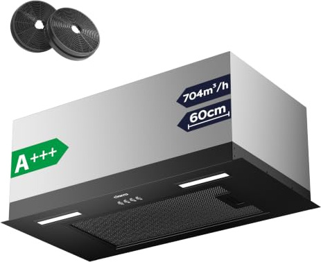 CIARRA CBCB6926A A+++ Einbau Dunstabzugshaube 60 cm breit 704 m³/h Umluft | Lüfterbaustein Abluft leise 60 dB Warme LED Integrierte Einbauhaube nachtlos in Oberschränke mit CBCF003 Aktivkohlefilter