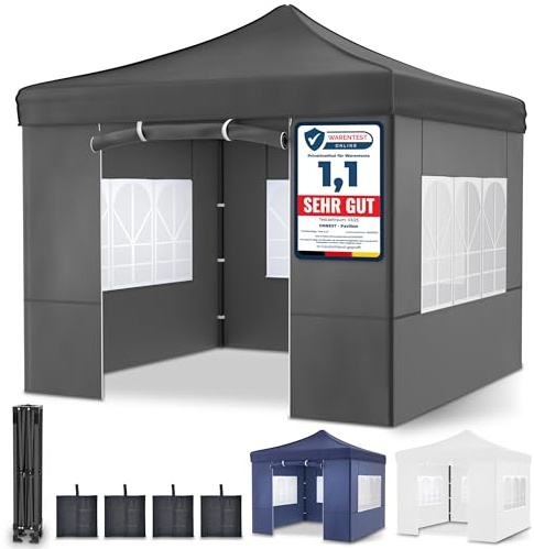 ONBEST Pavillon – 3x3m – Großer Eingang - Wasserdicht – Pop up Gestell – Seitenwänden mit 3x3 Fenstern – Zusätzlich mit Tasche – Faltbarer Outdoor Pavillon Faltpavillon (Grau)