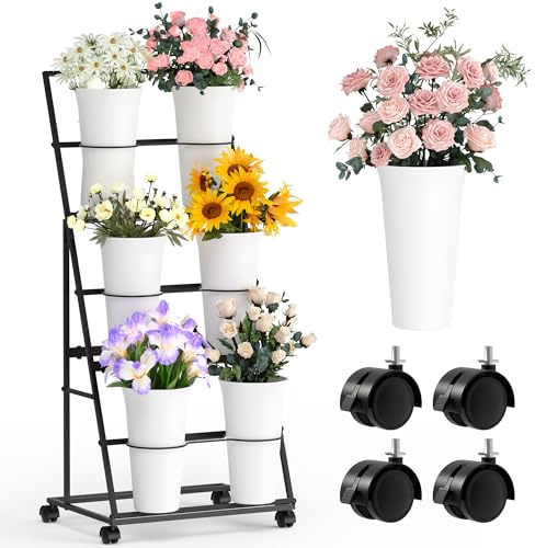 Invech Blumenständer mit 6 Eimern und Rädern, 3-stöckiger Blumenwagenständer für drinnen und draußen, Garten, Hochzeit, Blumenladen (bestehendes Patent)