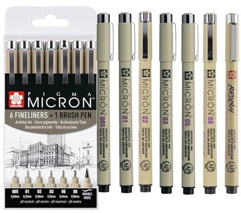 SAKURA Pigma Micron Fineliner-Stifte 6er-Set + Pinselstift | wasserfeste, permanente schwarze Tinte Stifte zum Schreiben, Zeichnen und Tagebuch führen