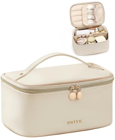 Prite Groß Kosmetiktasche für Damen Reise Kulturtasche aus Wasserdichtem Leder Tragbare Kulturbeutel oder Make Up Tasche mit Griff und Abnehmbarem Trenner (Beige)