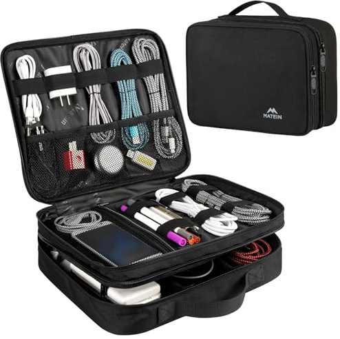 MATEIN Kabeltasche Groß, Kabeltasche Organizer, Kabel Organizer Tasche | Organizer Tasche mit 3 Verschiedene Fächer, Tragbarer Kabel Tasche für Ladekabel, Tech Pouch für Handy, Tablet, Schwarz