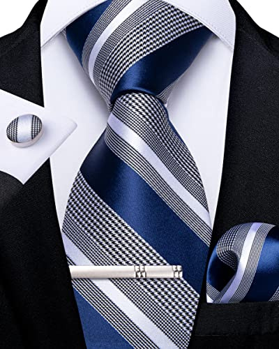 DiBanGu Blau Krawatten und Taschentuch-Set Blau und Grau Gestreift Krawatte für Herren Manschettenknopf-Krawattenklammer für Hochzeit Formell