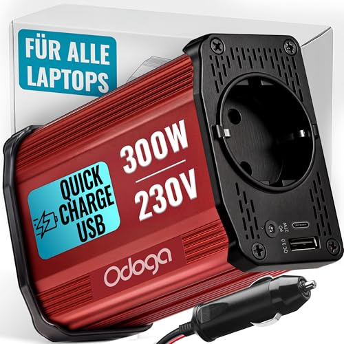 Wechselrichter 12V auf 230V 300W – Zigarettenanzünder Adapter USB-C & USB-A | Odoga Spannungswandler 3A zum Laden von Laptop, Tablet und Smartphone; ideal für Auto, Camping und Wohnmobil