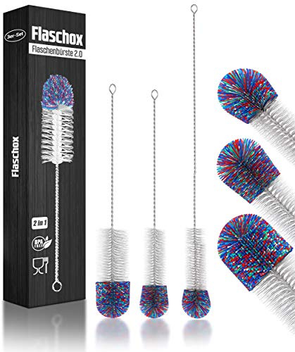 FLASCHOX Premium Flaschenbürste 3er Set - [Stabiler Edelstahlgriff] Flaschenreiniger für Babyflaschen, Sodastream, Vasen & Gläser - Kratzfreier Wollkopf Spülbürste - Spülmaschinenfest