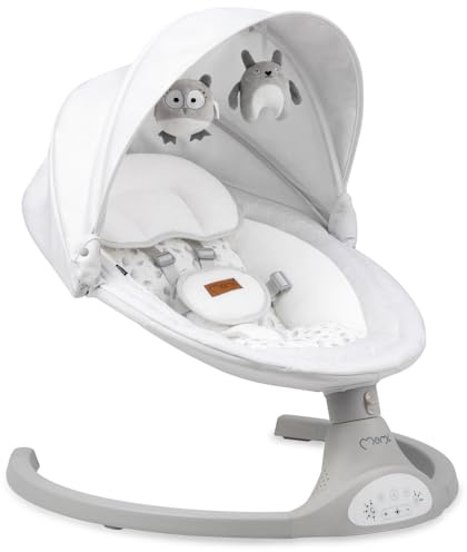 MoMi KENANI Babywippe für Kinder bis 9 kg, klappbar, mit Fernbedienung & Bluetooth zum Verbinden mit Smartphone, Batterie- oder Stromanschluss, mit 5-Punkt-Sicherheitsgurt, Sonnenschutz, Insektennetz