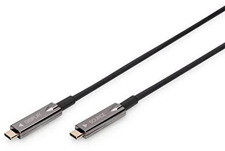 DIGITUS Glasfaser USB-C-Kabel – 20 m – UHD 4k 60Hz – DisplayPort 1.2 | USB-Video-Kabel – DP Alt-Mode – HDR, EDID, YUV 4:4:4 – AOC Hybrid Glasfaserkabel – USB-Glasfaserkabel – Schwarz