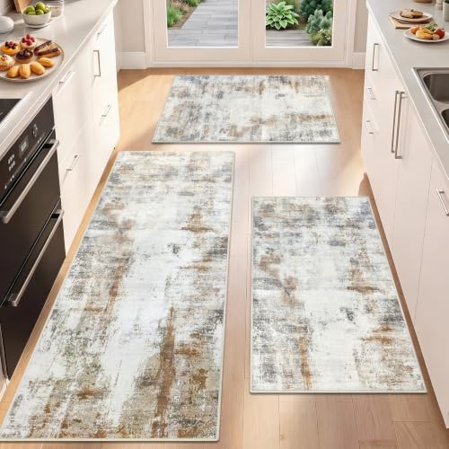 Famibay Küchenteppich Set 3 Teilig Teppich Küche Waschbar rutschfest Modern Küchen Teppiche Beige Braun für Küche Flur Wohnzimmer 50x120cm + 50x80cm + 50x80cm