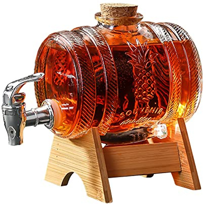 Whisky Karaffe,1000ml Fass mit Hahn und Holzuntersatz,Fassförmiger Getränkespender aus Glas mit Verschlusskorken,Transparenter Alkoholspender Set Geschenke für Freund,Ehemann,Vater