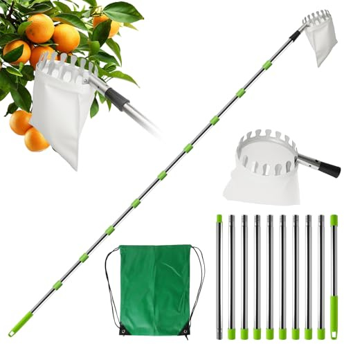4.2M Obstpflücker mit Teleskopstiel, Apfelpflücker Pflückhilfe für Kirschen mit Edelstahlstange und Baumwollbeutel Kirschpflücker Diameter 16 cm Obstsammler Obstgreifer für Äpfeln, Pflaumen, Birnen