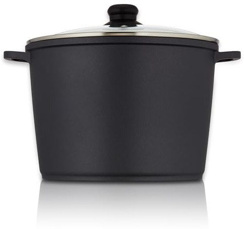 KHG Topf Kochtopf 28 cm Induktion Antihaftbeschichtung XXL Gemüsetopf Großraumtopf 10 Liter | Schwarz Aluminium mit Glasdeckel | Stabile Griffe aus einem Guss | für alle Herdarten geeignet