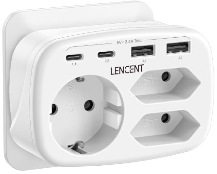 LENCENT USB Steckdose 7 in 1 Mehrfachsteckdose Steckdosenadapter 3 Fach | Doppel Euro und 1 Schuko Mehrfachstecker mit 2 USB-A und 2 USB-C Anschlüsse, Doppelstecker für Wand Steckdose, Polykarbonat