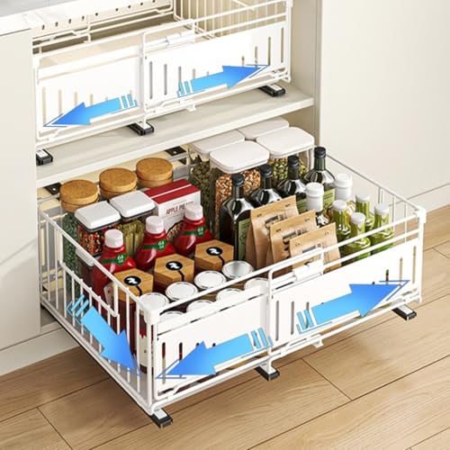HABITELLO Ausziehbare Teleskopschublade Küche Organizer für Spülschrank & Küchenregal, Schrankkorb aus Metall Ohne Bohren, Einstellbarer Breite 32.5-50cm (Style A Weiß, 2 Stück)
