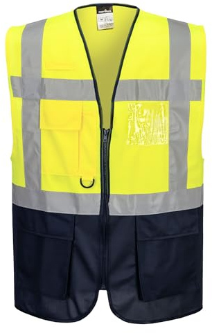 Portwest C476 Warsaw Hi-Vis Kontrast Exekutiv Reflexstreifen | Gelb/Schwarz, L, EN ISO 20471 & ANSI ISEA 107 Typ O Klasse 1, Sieben Taschen, Frontreißverschluss, Funkgeräteschlaufe