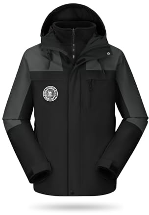 CAMELSPORTS Herren Mountain Skijacke 3 in 1 Wasserdicht Winterjacke Warme Schneejacke Kapuze Regenmantel Winddicht Wintermantel, Schwarz-632, XL