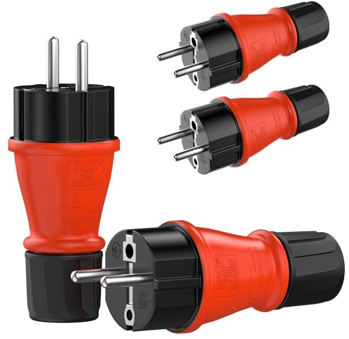 RedStar24 Schuko Stecker 230V IP54 4er Set Robuster Schutzkontaktstecker aus Gummi & Kunststoff, Schwarz Rot | Hermetisch Versiegeltes Design | Perfekt für den Außenbereich | 3-Poliger Stromstecker
