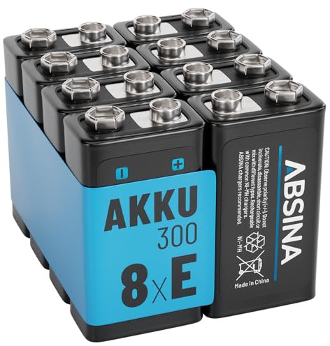 ABSINA 9V Blockbatterie Akku wiederaufladbar 300 mit 8,4 Volt & min. 270mAh | 8er Pack Block Batterie NiMH mit geringer Selbstentladung - Rechargeable Battery - E-Block aufladbar