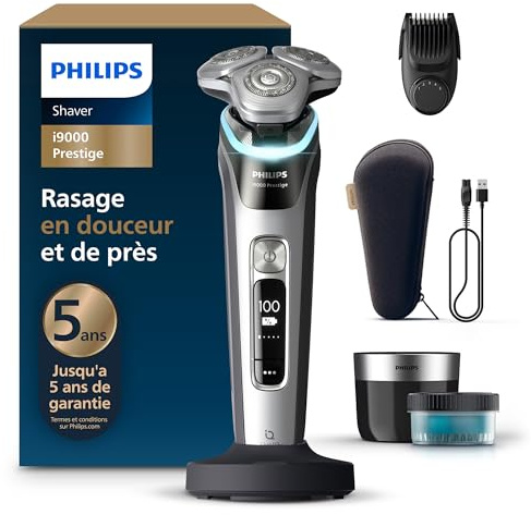 Philips Rasierer i9000 Prestige, Nass- und Trockenrasierer für Herren mit integriertem Trimmer, grau-silber, Drucksensor, Reinigungsstation, 5+1-Bartstyler, Ladestation und Reiseetui, Modell XP9204/33