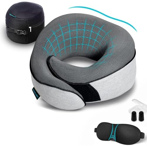 Proglobe Nackenkissen Flugzeug, Reisekissen 100% Memory Foam, Orthopädisches Nackenhörnchen, Ideal für Reisen mit Flugzeug, Auto, Zug Mit 3D-Schlafmaske, Hochwertige Netztasche, Grau