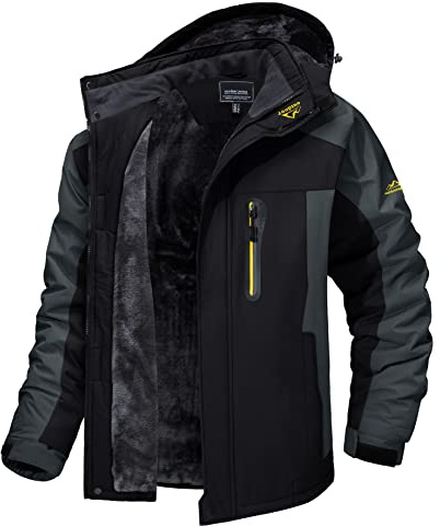 MAGCOMSEN Skijacke Herren Warm Fleece Trekking Jacke Winter Berg Jacke Camping Wanderjacke Herren Trekkingjacke Outdoor Kapuzenjacke für Camping Sports Schwarz-Grau XL