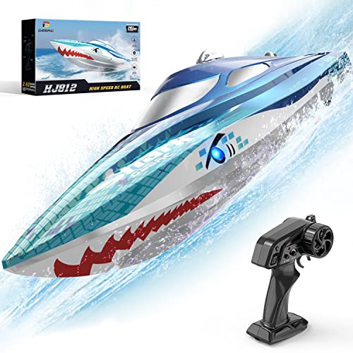DEERC RC Boot mit LED-Beleuchtung, ferngesteuertes Haifischboot für Pools und Seen, über 20 km/h, 2,4-GHz-Rennboot, Poolspielzeug für Kinder ab 8 Jahren