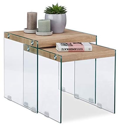 Relaxdays Satztisch 2er Set, Massive Tischplatte, Natur | edle Glas Beistelltische, Wohnzimmer, Couchtische 40-45 cm hoch