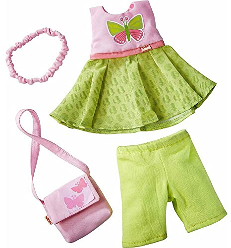 HABA 304253 - Kleiderset Schmetterling, Set aus Kleid, Hose, Handtasche und Haarband, Puppenzubehör für alle 30 cm großen Puppen, ab 18 Monaten