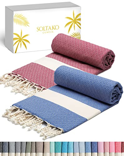 SOLTAKO Fouta Diamant Premium Hamamtuch 100x200 cm, 100% Baumwolle, schnelltrocknend & saugfähig, Strandtuch, Saunatuch, Badetuch, 2er Set Blau/Bordeaux