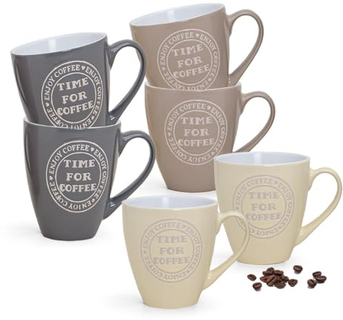 Jumbo Tassen 6er Set mit Spruch COFFEE TIME in creme, beige, grau - Große 400ml Keramik Kaffeetassen für Tee, Kaffee, Cappuccino - XXL Tassenset spülmaschinenfest und mikrowellengeeignet Geschenk