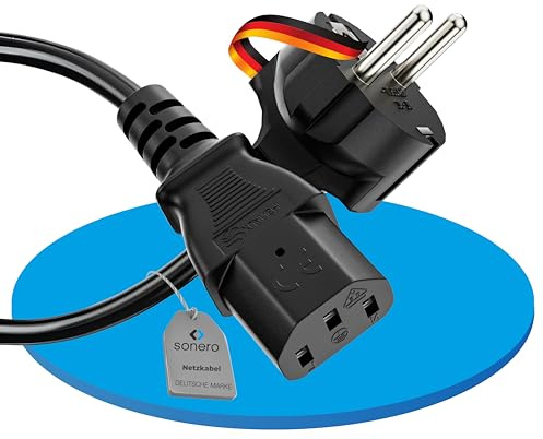 sonero Stromkabel Kaltgerätekabel 3 Polig, 2,0m, Schutzkontakt Stecker Netzstecker auf Kaltgerätekupplung C13 Buchse, Netzkabel Netzteil Strom Kabel für Monitor PC Drucker, Schwarz