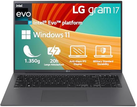 LG 2023 Gram 17 Zoll Ultralight Notebook - 1.350g Intel Core i7 Laptop (32GB RAM, 2TB SSD, 20h Akkulaufzeit, 16:10 Entspiegeltes IPS-Display, Thunderbolt 4, Win 11 Home, Mirametrix) - Grau