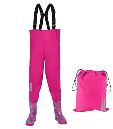 Dönges Kinder-Wathose, wasserdichte Regenhose für Jungs und Mädchen, ungefüttert mit Watstiefeln und Verstellbaren Hosenträgern, Größe 30/31 Rosa, Outdoor Buddelhose für Regen, Matschhose
