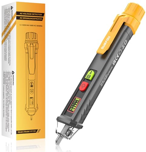 SURFOU Berührungsloser Spannungsprüfer, Kontaktloser Stromprüfer AC 12v/48v-1000v mit NCV, LED-licht, Akustischem Alarm, Kabelbruchfinder und Live/Nullleiter-Erkennung