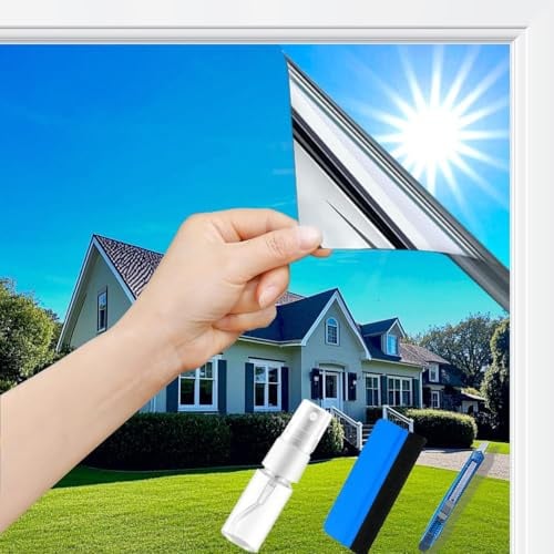 Gutsurge Spiegelfolie Fenster Sichtschutz 44.5x200cm UV Folie Fenster Hitzeschutzfolie Blickdichte Fensterfolie Selbstklebende Sonnenschutzfolie Fenster Innen & Außen Silber