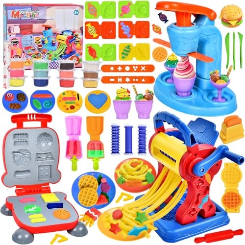 Herenear 46 Stück Knete Set Knetwerkzeug für Kinder, Knete Zubehör Kitchen Creations Eismaschine Burgermaschine PastaMaschine Dosen Knete, Knetmasse Plastilin Spielzeug Geschenk Mädchen Junge 3+