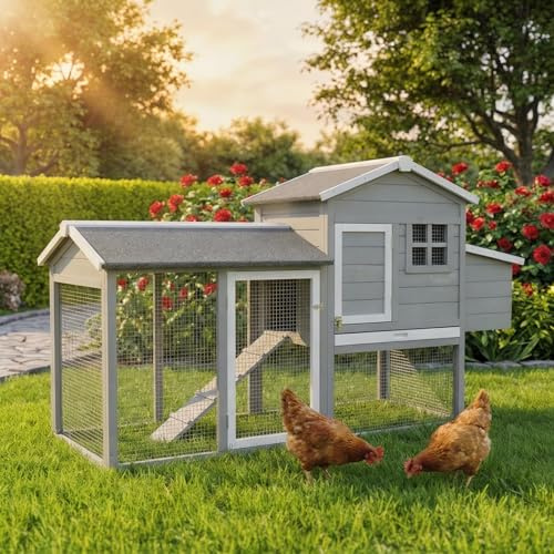 Miweba MyAnimal Hühnerstall MH-21 | 174x66x98 cm | Für 3 Hühner (Grau) | Winterfest | Vogelhaus | Hühnergehege mit Nistkasten | Voliere | Hühnerhaus | Legenest | Vogelvoliere | Hühnervoliere