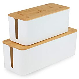 addhome Kabelbox 2er Set aus ABS-Kunststoff mit Bambusdeckel | Steckdosenbox Weiß genug Platz für Stecker Netzteile inklusive Gummifüße Klettband ordnet Kabelchaos mit Stil Kabelmanagement