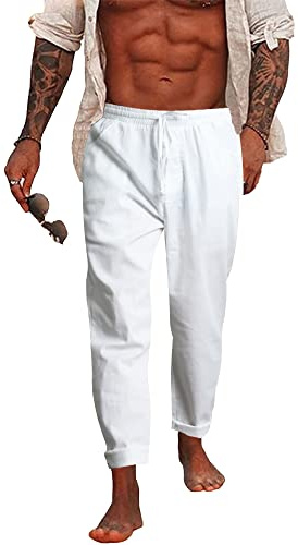 NANAMEEI Leinenhose Herren Sommerhose Lang Baumwolle Slim Fit mit Taschen Elastischer Bund