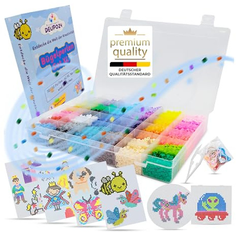 DEUPO24 Bügelperlen Set Kinder 10.000 Stück – 36 Farben mit Aufbewahrungsbox & 50 Vorlagen – Geschenk für Mädchen & Jungen – Kreativer Bastelspaß zu Hause – geeignet ab 5 Jahren