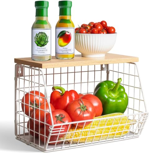 Wawocs Obstschale Obstkorb Etagere für Küchentheke Stapelbar Wandkorb hängend Drahtkörbe mit Holzdeckel mit 2 Bananenaufhänger Haken, Bananenkorbkorb, Obst Aufbewahrung und Gemüse,Weiß