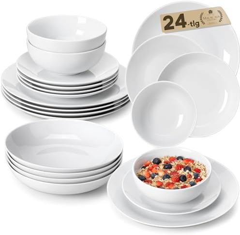 MALACASA Amelia Geschirrset 6 Personen, 24-tlg Porzellan Teller Set, Weiß | Tafelservice mit je 6 Speiseteller, Dessertteller, Suppenteller und Müslischalen, mikrowellen- und spülmaschinengeeignet