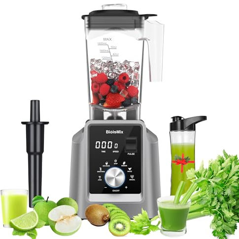 BioloMix Hochleistungsmixer 2200W,Selbstreinigungsfunktion,Standmixer 2L Behälter und 600ml Reisebecher - BPA-frei.Smoothie-Mixer (Titanium Grey, T5600+600 ml cups)