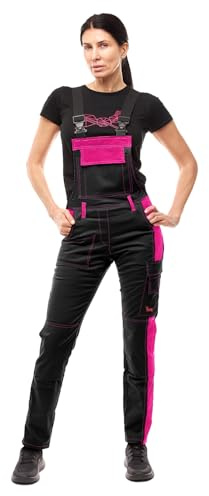 strongAnt Latzhose Damen Strong Cotton Stretch mit Kniepolstertaschen Latzhose für Handwerk und Bau – Schwarz-Pink, Gr. 40