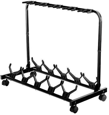 ROCKTILE Multistand 5-Fach Gitarrenständer - Mehrfach Gitarrenhalter für Klassik Gitarre, Akustik Gitarre, E-Gitarre, E-Bass - Gitarrenstativ klappbar mit Rollen - Saiteninstrumente Multi Stativ