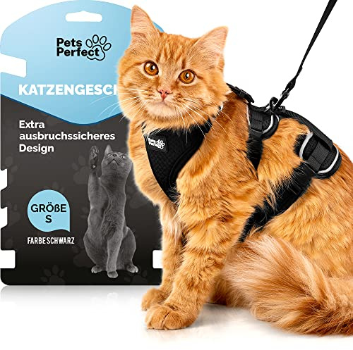 PETS PERFECT Katzen Geschirr Set MIT Leine – Katzengeschirr mit Leine Ausbruchsicher – extra sicheres & verstellbares Katzengeschirr für Spaziergänge – Größe S, Schwarz