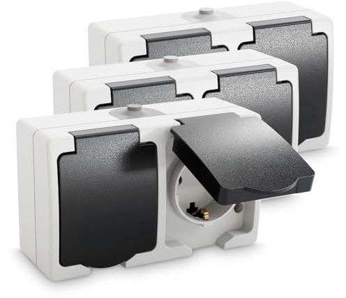 greate 3x Feuchtraum Steckdose Aufputz 2fach - Doppelsteckdose Aufputz mit Klappdeckel IP54, 250V, 16A, 2 polig - Aufputzsteckdose 2fach, Feuchtraumsteckdosen Aufputz, Steckdose Aussenbereich