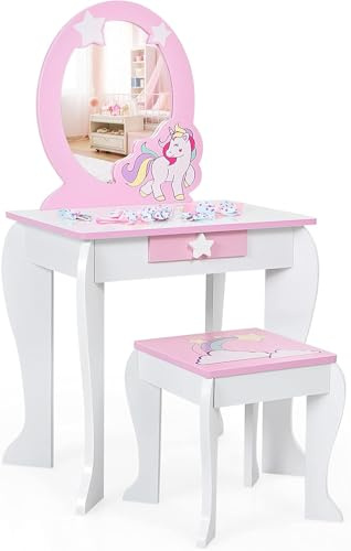 FANTASK Kinderschminktisch mit Schublade und abnehmbarem Spiegel, Prinzessinnenschminktisch mit Hocker, rosa und weißer Schminktisch für Mädchen von 3-7 Jahren