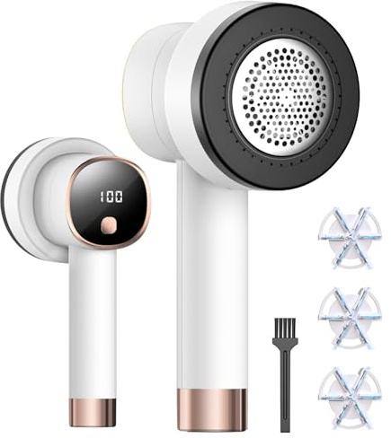 Fusselrasierer Elektrisch mit Cable USB- Aufladbar Fusselentferner mit 6 Edelstahlklingen,3 Geschwindigkeiten,LED-Anzeige,Lint Shaver für Kleidung Sofa Wolle (Weiß)